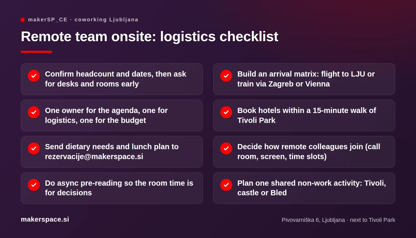 Logistics checklist for a remote team offsite in Ljubljana