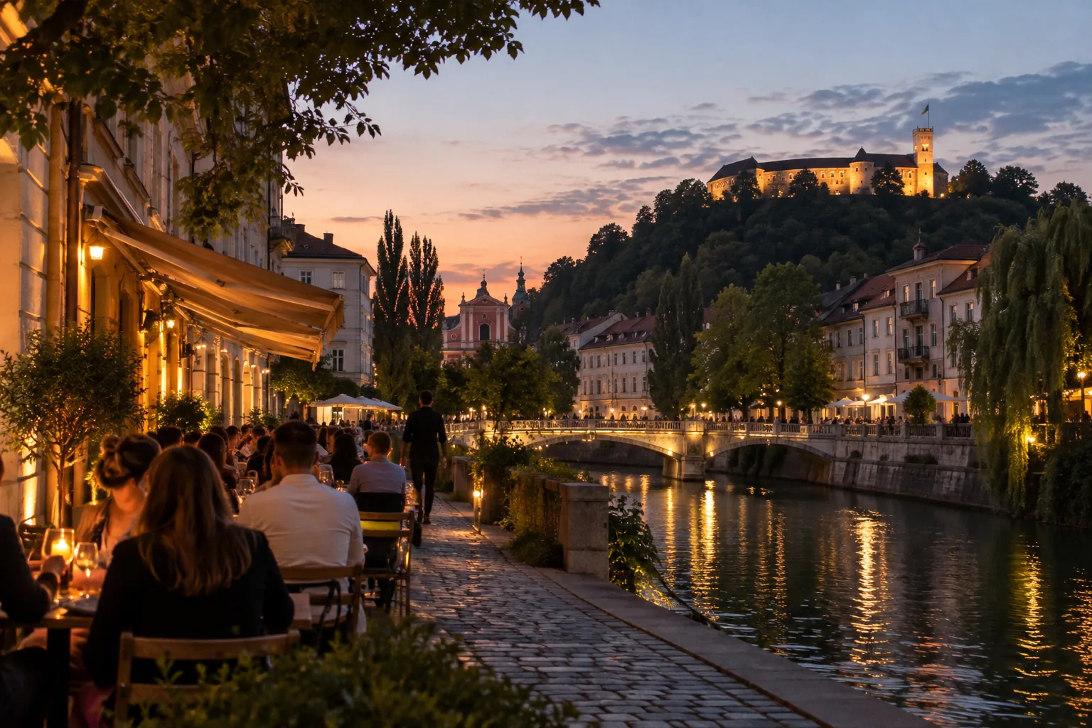 Riverside old-town street at dusk beneath the castle, the evening reward of a Ljubljana team offsite