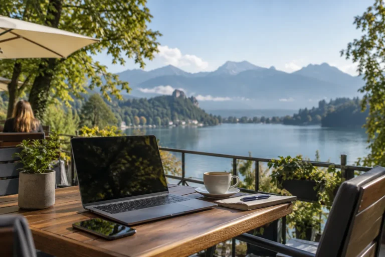 Laptop and coffee on a terrace above an alpine lake, the Bled side of coworking in Slovenia