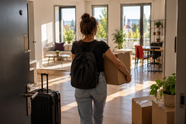 Carrying a moving box into a bright empty flat, day one of moving to Ljubljana