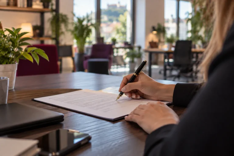 Hand signing a document with a fountain pen, the notary step of company registration in Slovenia