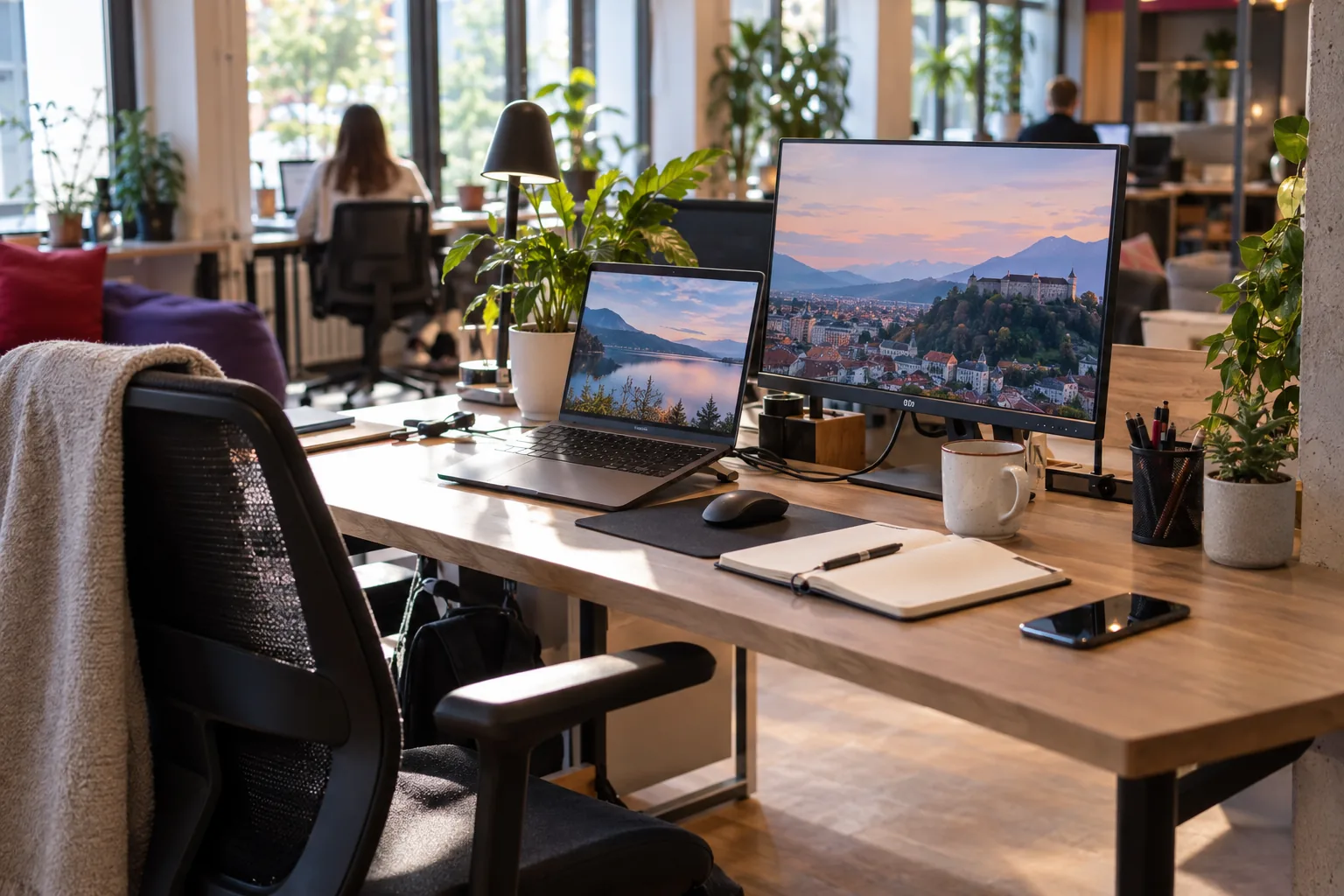 Personalised desk with a monitor, plant and mug, the dedicated desk in hot desk vs dedicated desk