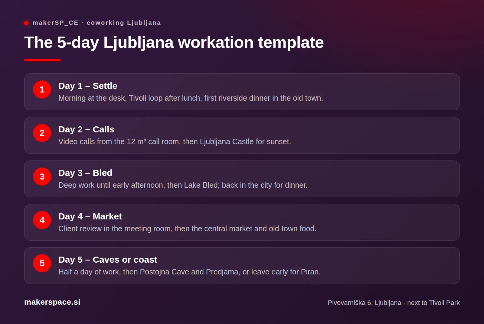 Ljubljana workation itinerary: five mornings at a coworking desk, afternoons at Tivoli, the castle, Bled and the coast