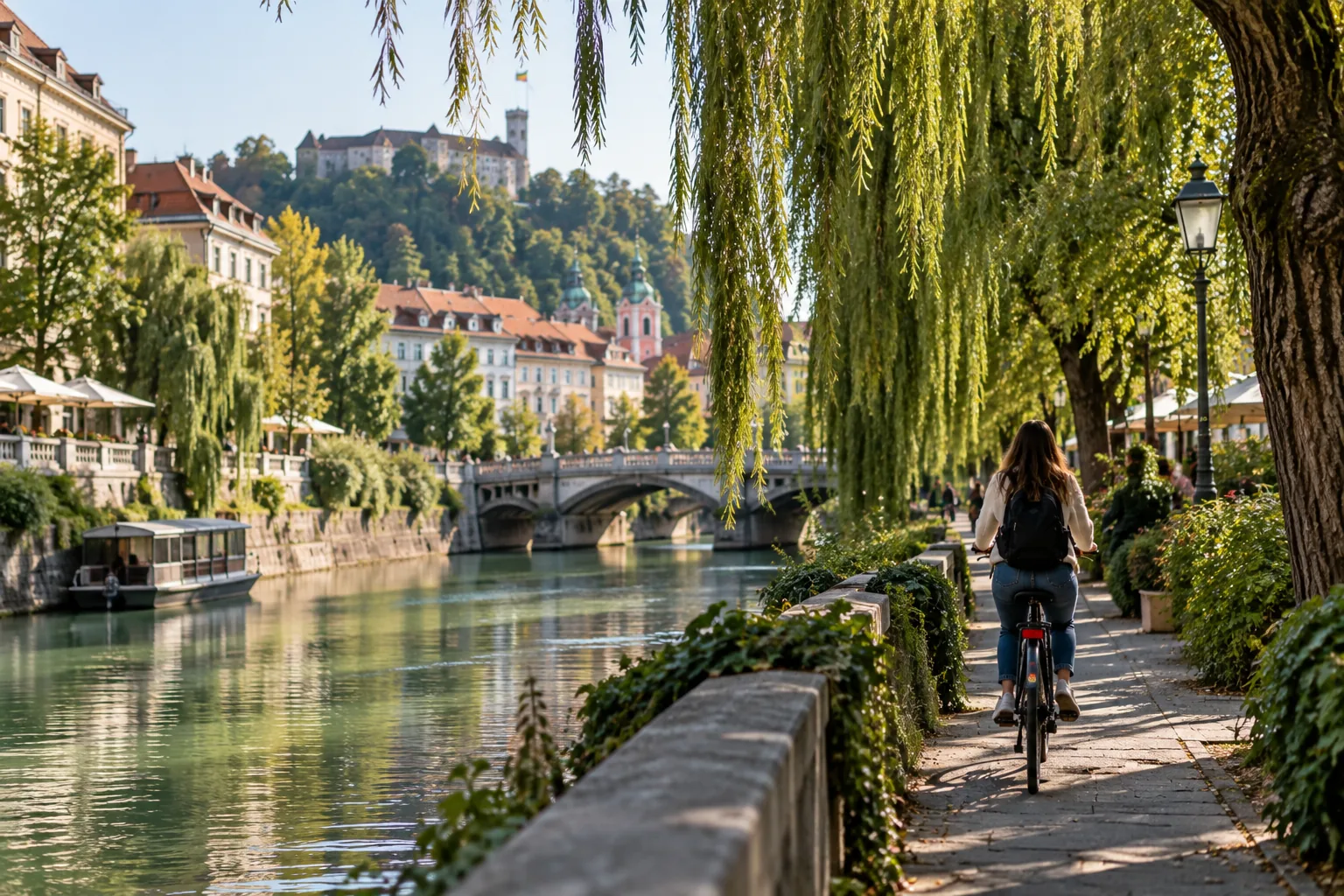 Green riverside city with willow trees and a cyclist, the Ljubljana answer to Ljubljana vs Zagreb